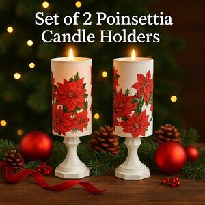 Set of 2 Handmade Poinsettia Christmas Candle Holders / Holiday Flower Pots